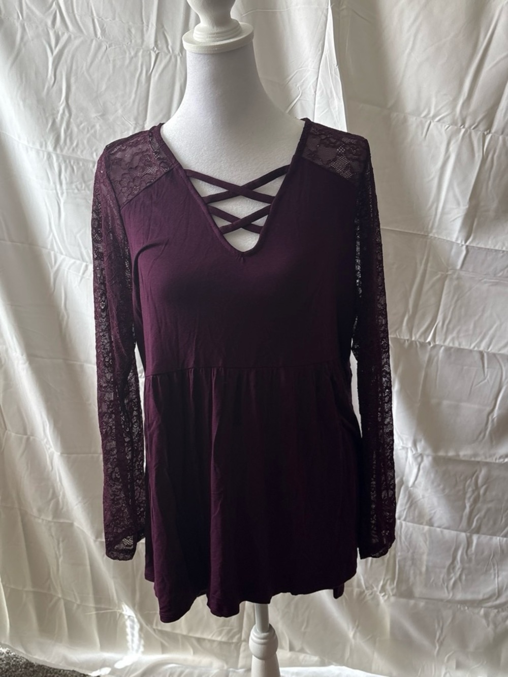 torrid Burgundy Lace Sleeve Crisscross V-Neck Tunic